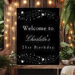 Poster fête d'anniversaire noir argent étoiles accueil él<br><div class="desc">Une affiche de bienvenue pour une fête d'anniversaire de 21e anniversaire (ou de tout âge), fillette et glamour. Un arrière - plan noir classique décoré de faux étoiles d'argent. Personnalisez et ajoutez un nom et 21 ans. Lettres blanches.</div>