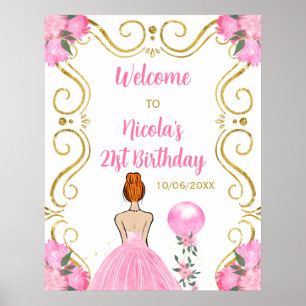Poster Fête d'anniversaire Red Hair Princess Pink Bienven
