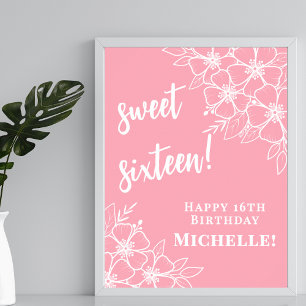 Poster Fête d'anniversaire rose pour seize ans