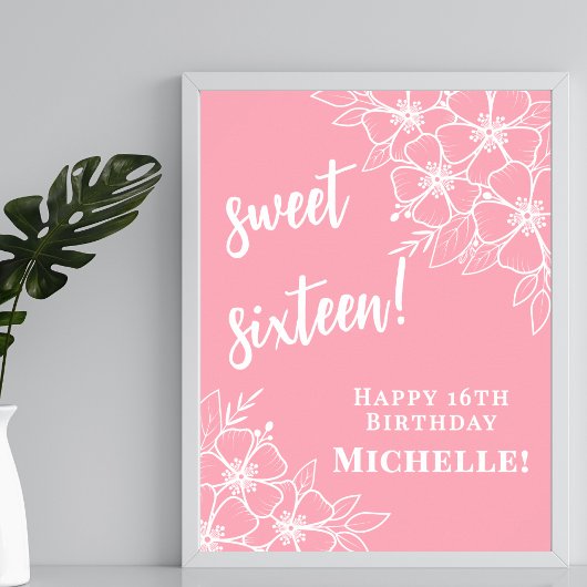 Poster Fête d'anniversaire rose pour seize ans