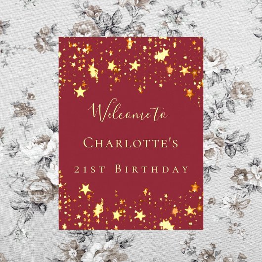 Poster fête d'anniversaire rouge or étoiles bienvenue