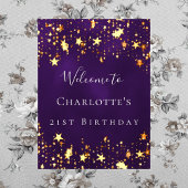 Poster fête d'anniversaire violet or étoiles bienvenue