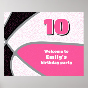Poster fête de basket noir rose filles anniversaire bienv