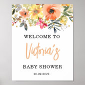 Poster Fête de bébé Bienvenue Fleurs Aquarelle Orange  (Devant)