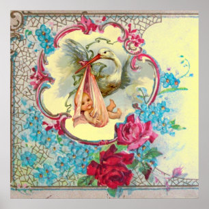 Poster FÊTE DE BÉBÉ FILLE CIGOGNE Jaune