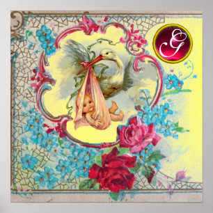 Poster Fête de bébé fille cigogne Monogramme pierre préci