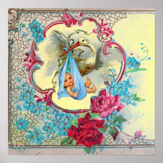 Poster Fête de bébé garçon CIGOGNE jaune (Devant)