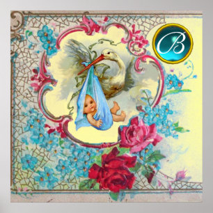 Poster FÊTE DE BÉBÉ GARÇON CIGOGNE Monogramme Pierre pré