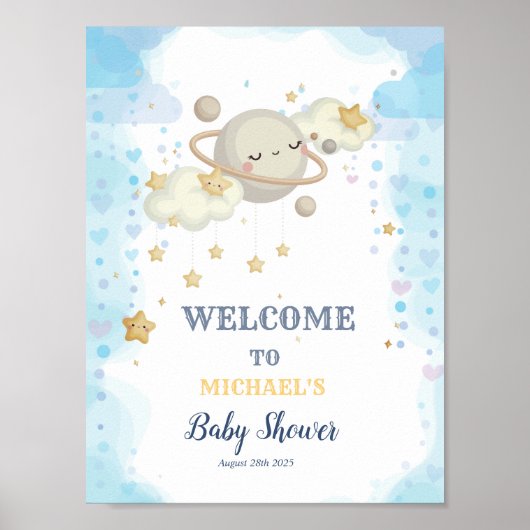 Poster Fête de Bébé Planète Étoiles Nuages Bleus (Devant)