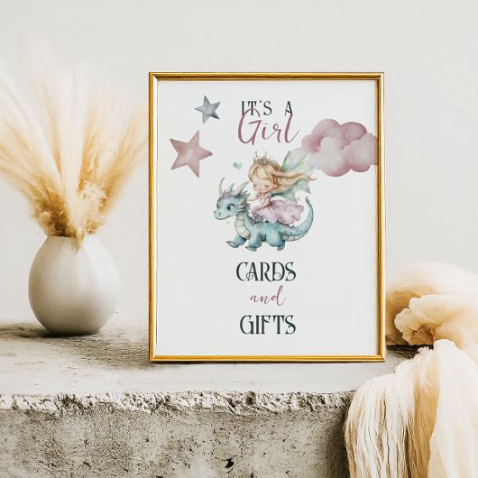 Poster Fête de Bébé Princesse Rose Dragon Rêve Conte de F
