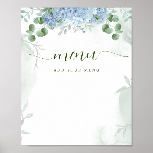 Poster Fête de bébé thème hydrangea bleu verdure Menu (Devant)