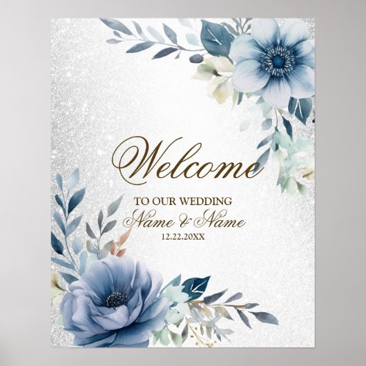 Poster Fête de Bienvenue Fleurs Aquarelles Bleu Poussiére (Devant)