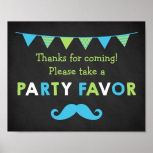 Poster Fête de Chalkboard bleu et vert Moustache Favorise