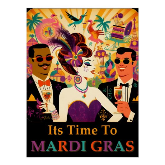 Poster Fête de Cocktail Mardi Gras du Milieu du Siècle (Devant)