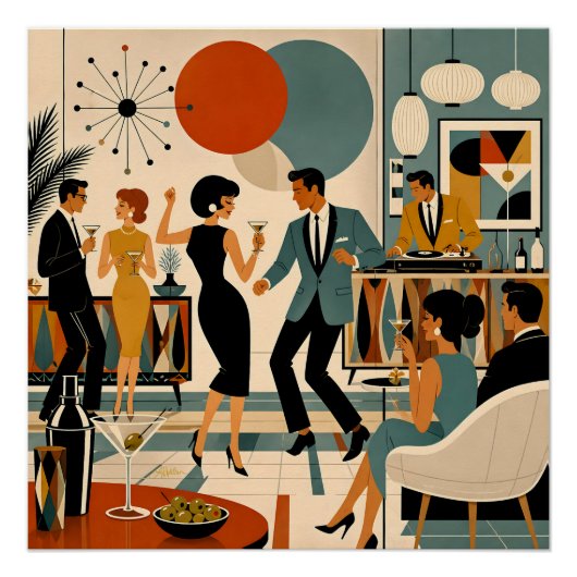 Poster Fête de danse martini branchée milieu du siècle mo (Devant)