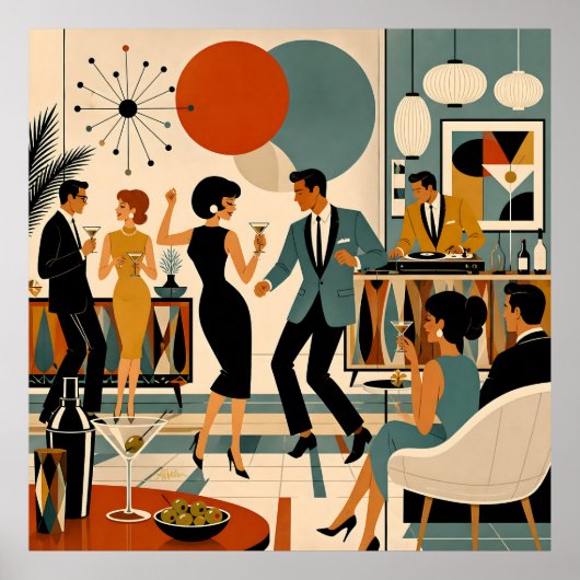 Poster Fête de danse martini branchée milieu du siècle mo (Devant)