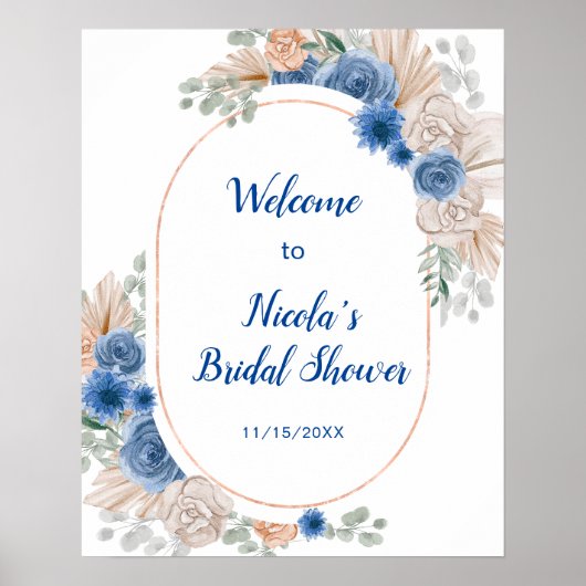 Poster Fête de douche de mariée Blue Boho Herbe de Pampas (Devant)