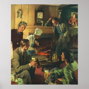 Poster Fête de famille vintage, cuisson de steaks et bois