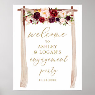 Poster Fête de fiançailles Boho Bourgogne Floral Marsala