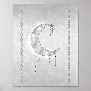 Poster Fête de fiançailles croissant de lune étoilé blanc