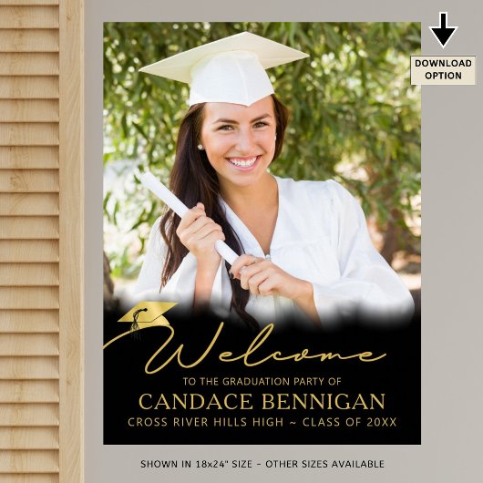 Poster Fête de graduation Bienvenue Black Gold Script Pho