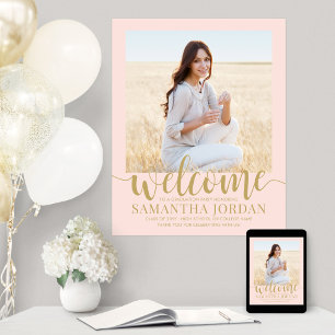 Poster Fête de graduation Bienvenue Photo Blush rose et o