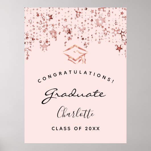Poster Fête de graduation rose roses étoiles (Devant)