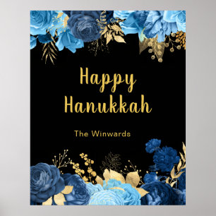 Poster Fête de Hanukkah aux fleurs bleues et dorées éléga