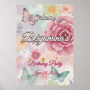 Poster Fête de Jardin Pastel Fleurs & Papillons Bienvenue