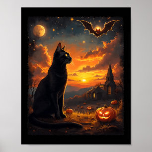 Poster Fête de la scène gothique de chat noir Halloween