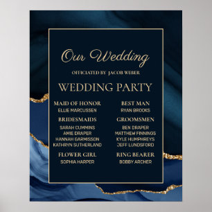 Poster Fête de mariage bleu marine et or marbré