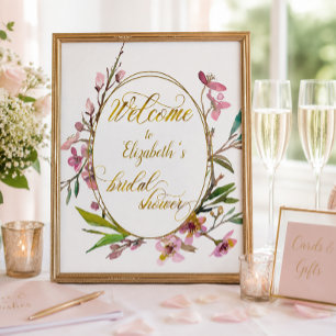 Poster Fête de Mariage Cerisier à Fleurs Cadre Doré