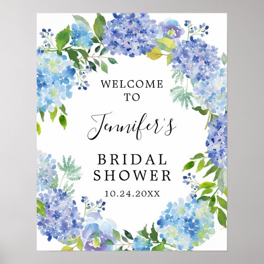 Poster Fête de Mariage Champêtre Bleu Aquarelle Hydrangea (Devant)
