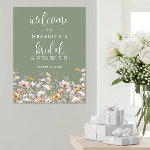 Poster Fête de mariage champêtre vert sauge avec fleurs s