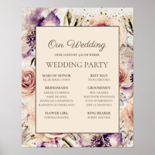 Poster Fête de mariage rose et violet crème