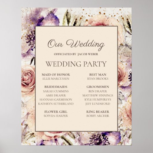 Poster Fête de mariage rose et violet crème (Devant)