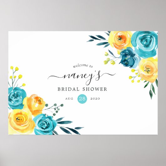 Poster Fête de mariage turquoise et jaune floral (Devant)