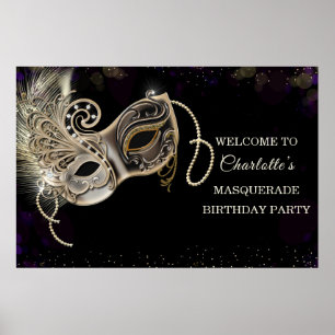 Poster Fête de masquerade violette or noir personnalisée