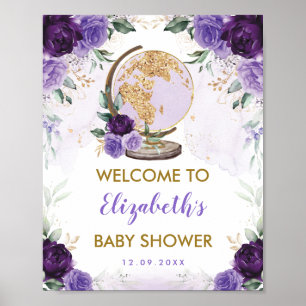 Poster Fête de Naissance Aventure Voyage Fleur Or Violet