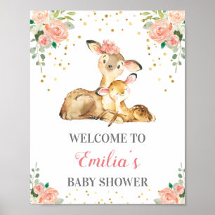 Poster Fête de naissance Bébé fille Woodland Cerf Guirlan
