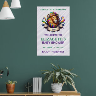 Poster Fête de naissance Bébé Lion Lavande et Vert