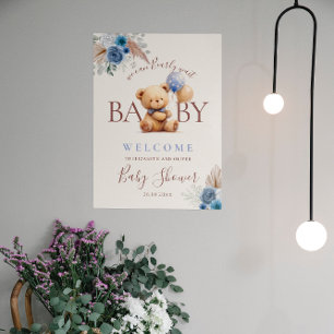 Poster Fête de naissance Bébé Ourson Boho Rose Bleue Ball