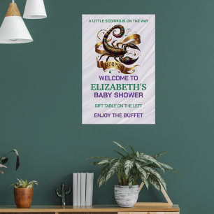 Poster Fête de naissance Bébé Scorpion Lavande et Vert