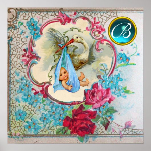 Poster FÊTE DE NAISSANCE DE BÉBÉ GARÇON STORK Monogramme (Devant)