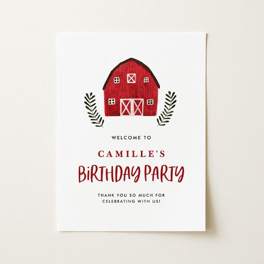 Poster Fête de Naissance Ferme Rustique Grange Rouge Aqua