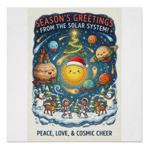 Poster Fête de Noël fantaisiste du système solaire avec d