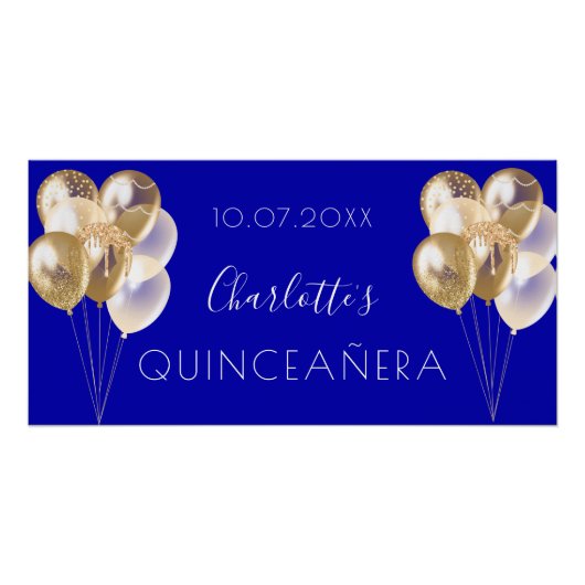 Poster Fête de Quinceañera ballons royaux bleus et dorés (Devant)