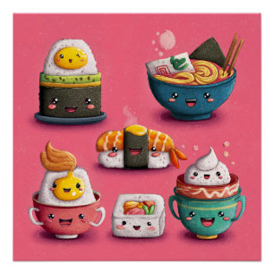 Poster Fête de Sushi Rose Kawaii