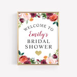 Poster Fête des mariées Bienvenue Bourgogne Rustique Auto<br><div class="desc">Douche mariage bienvenue affiche / signe caractéristiques texte élégant encadré par une belle couronne rustique de fleurs d'automne aquarelle, y compris roses, dahlias, fleurs de pivoine, et verdure, dans une magnifique palette estivale ou automnale de rouge bordeaux, jaune doré, orange pêche, rose roux, et tons de vert. Comprend un accent...</div>