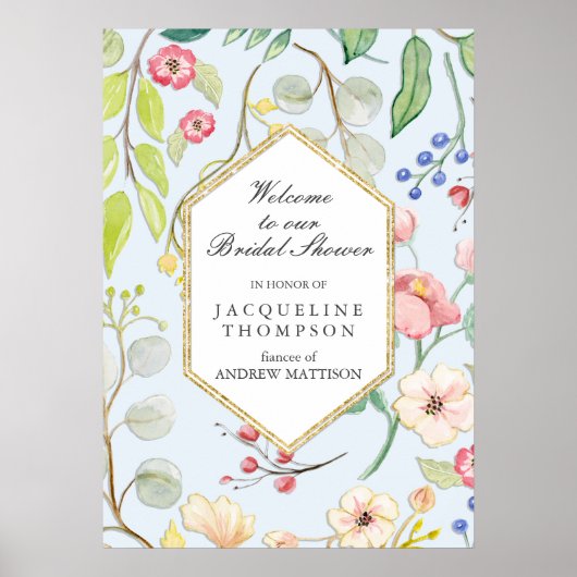 Poster Fête des mariées Bienvenue Dusty Blue Floral Folio (Devant)